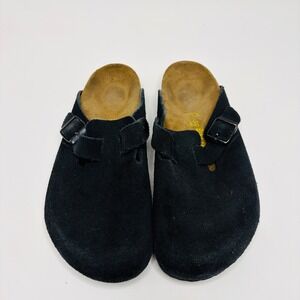 Birkenstock Boston Black Suede Clogs Mules Shoes Mens 6 Womens 8 EU 39 Buckle